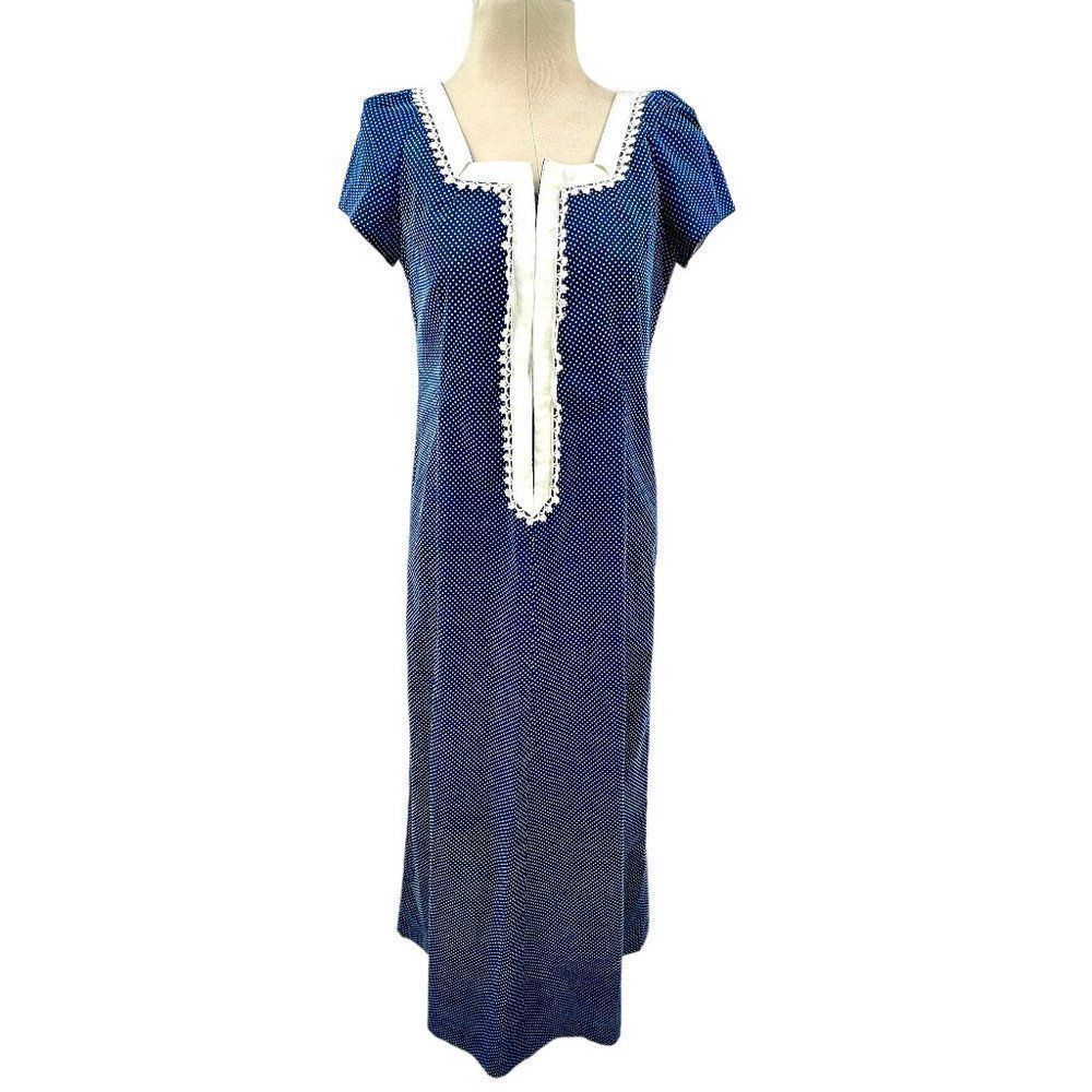 Vintage 70s Hilda Hawaii Liberty House Navy Swiss Dot Cap Sleeve Maxi Dress